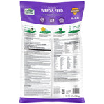 Back of Expert Gardener Southern Weed & Feed bag with instructions, warnings, icons and barcode on white panel.