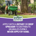 Lifestyle graphic showing a person pushing a green broadcast spreader across a lawn above Expert Gardener logo and application advice.