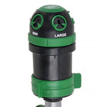 Tight crop of the green and black sprinkler head with labeled nozzles 'mini' and 'large' visible