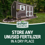 Lifestyle-style image of a garden shed and bench above Expert Gardener logo with storage advice to keep fertilizer in a dry place.