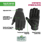 Feature infographic of Expert Gardener synthetic hybrid gloves highlighting padded palm, touchscreen fingertips and adjustable wrist
