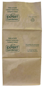 Tall unfolded Expert Gardener paper bag with logo, recyclable icon and printed "Help us build a better tomorrow" text.