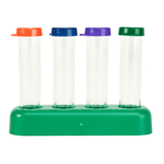 Four clear plastic test tubes with colored caps seated in a green plastic rack on white background