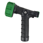 Top-angled view of a textured black handle garden spray nozzle with green adjustment ring