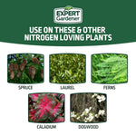 Graphic panel titled ‘Use on these & other nitrogen loving plants’ with labeled photos of spruce, laurel, ferns, caladium and dogwood