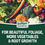 Close-up collage of vegetables and flowers above the Expert Gardener logo with text promoting beautiful foliage and root growth.
