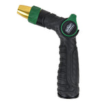 Vertical view of Expert Gardener black ergonomic hose nozzle with green accents and gold adjustable tip on white