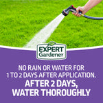 Instructional graphic with a hose watering lawn and Expert Gardener logo advising to wait 1 to 2 days then water thoroughly.