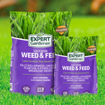 Two sizes of Expert Gardener Southern Weed & Feed purple bags displayed on grass, larger bag behind a smaller bag.