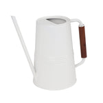 Expert Gardener white metal watering can with long slender spout and wooden-wrapped handle, three-quarter view