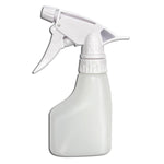 White plastic trigger spray bottle with short neck and ergonomic handle photographed on white background