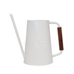 Expert Gardener white metal watering can showing side profile with long spout and wooden-grip handle on white background