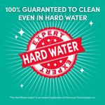 Bold turquoise badge graphic proclaiming 'Expert Hard Water' with text '100% guaranteed to clean even in hard water'.