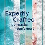 Graphic with vertical strips of ocean and salt textures and bold text reading “Expertly Crafted by master perfumers” on teal background