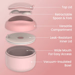 Exploded diagram of the blush insulated bowl showing top lid, retractable spoon and fork, inner lid and vacuum-insulated base.