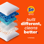 Exploded view of a Tide Evo detergent tile showing layered components on an orange background with 'built different, cleans better' text