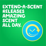 Green graphic panel reading “EXTEND-A-SCENT RELEASES AMAZING SCENT ALL DAY” with clock icon