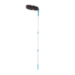 Extendable microfiber duster with blue handle and gray shag head angled on white background