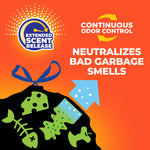 Graphic panel showing extended scent release and text 'neutralizes bad garbage smells' with stylized trash icons
