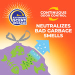 Graphic showing extended scent release badge and illustration of a tied purple trash bag with text about neutralizing bad garbage smells