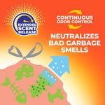 Graphic showing 'extended scent release' and 'neutralizes bad garbage smells' with stylized trash and arrows