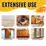 Infographic panel titled 'EXTENSIVE USE' showing icons and images for wooden floor, products, furniture, doors, cabinets and windows