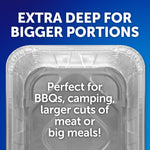 Close-up interior of an extra-deep aluminum utility pan with text proclaiming "Perfect for BBQs, camping, larger cuts of meat or big meals!"