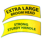 Two yellow banner-style labels reading 'EXTRA LARGE BROOM HEAD' and 'STRONG STURDY HANDLE' on white background