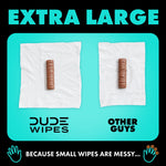 Comparison graphic labeled 'EXTRA LARGE' showing two white cloths with a chocolate-shaped item, branded DUDE Wipes vs Other Guys