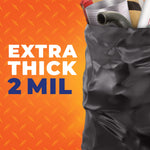 Close-up product graphic of a black trash bag with visible contents and 'Extra Thick 2 Mil' callout on orange background