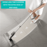 Top-down view of a person using a spray mop on tile with overlay text highlighting the extra-wide 15" mop head