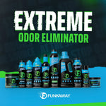 Promotional graphic with large text 'EXTREME ODOR ELIMINATOR' above an array of FunkAway branded products on a dark background.