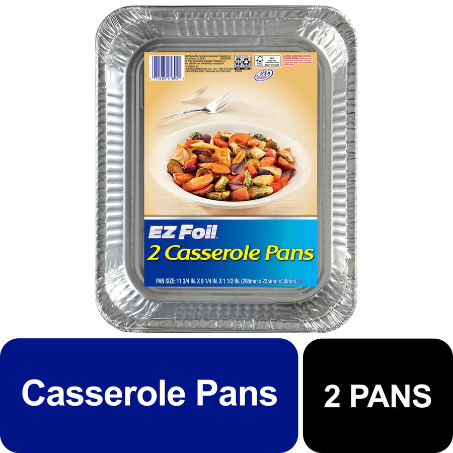 EZ Foil branded foil casserole pan pack with label showing a bowl of vegetables and '2 Casserole Pans' text