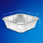 Empty square disposable aluminum roasting pan shown on a blue background with 10" by 10" and 3.5" dimension arrows