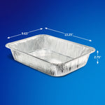 Empty EZ Foil rectangular aluminum pan on blue background with arrows showing length, width and height dimensions