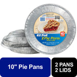 Stacked EZ Foil round aluminum pie pans with clear plastic lids and blue product label