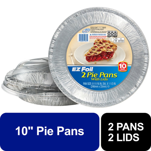 Stacked EZ Foil round aluminum pie pans with clear plastic lids and blue product label