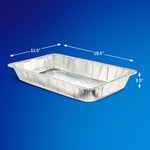 Aluminum pasta pan on blue background with arrows and measurements showing 19.5" by 11.5" by 3.5"