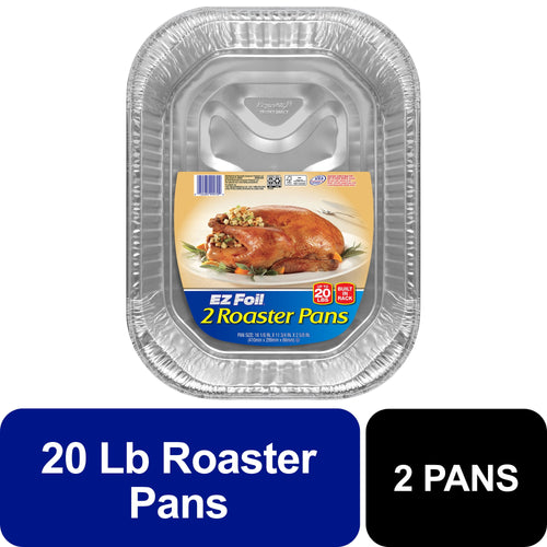 Stacked EZ Foil disposable aluminum roasting pans with retail label showing a roasted turkey on top of pans.