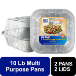 Stacked disposable aluminum roasting pans with clear plastic lids, labeled EZ Foil multi purpose pans
