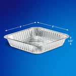 Empty square aluminum foil cake pan shown on a blue background with arrows indicating 8" by 8" and 1.63" depth