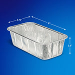 Single aluminum loaf pan on blue background with arrows indicating 8 inch and 3.75 inch dimensions and 2.5 inch depth