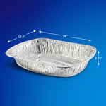 Aluminum EZ Foil roaster pan on blue background with arrows and dimensions labeled 16", 12.5" and 3.25".