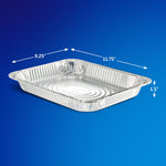 Single empty aluminum casserole pan on blue background with arrows and dimensions labeled 11.75" x 9.25" x 1.5"