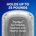 Top-down view of an EZ Foil disposable roaster pan on blue background with text 'HOLDS UP TO 25 POUNDS'.