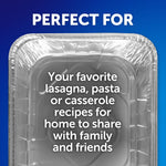 Close-up of an aluminum pan with text overlay describing it as perfect for lasagna, pasta or casseroles