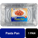 Large EZ Foil disposable full-size aluminum pasta pan with product label showing a plated pasta photo