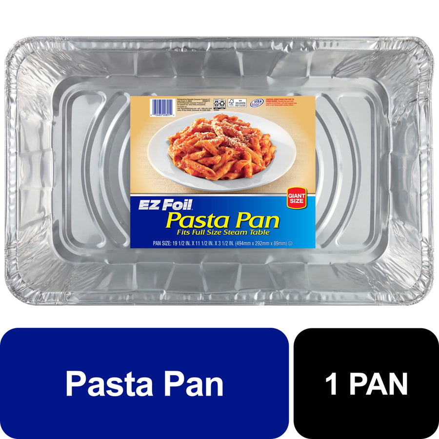Large EZ Foil disposable full-size aluminum pasta pan with product label showing a plated pasta photo