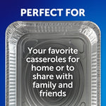Overhead foil casserole pan with large white text overlay reading 'Your favorite casseroles for home or to share'