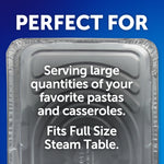 Top-down view of an aluminum steam table pan with text overlay reading it fits full size steam table